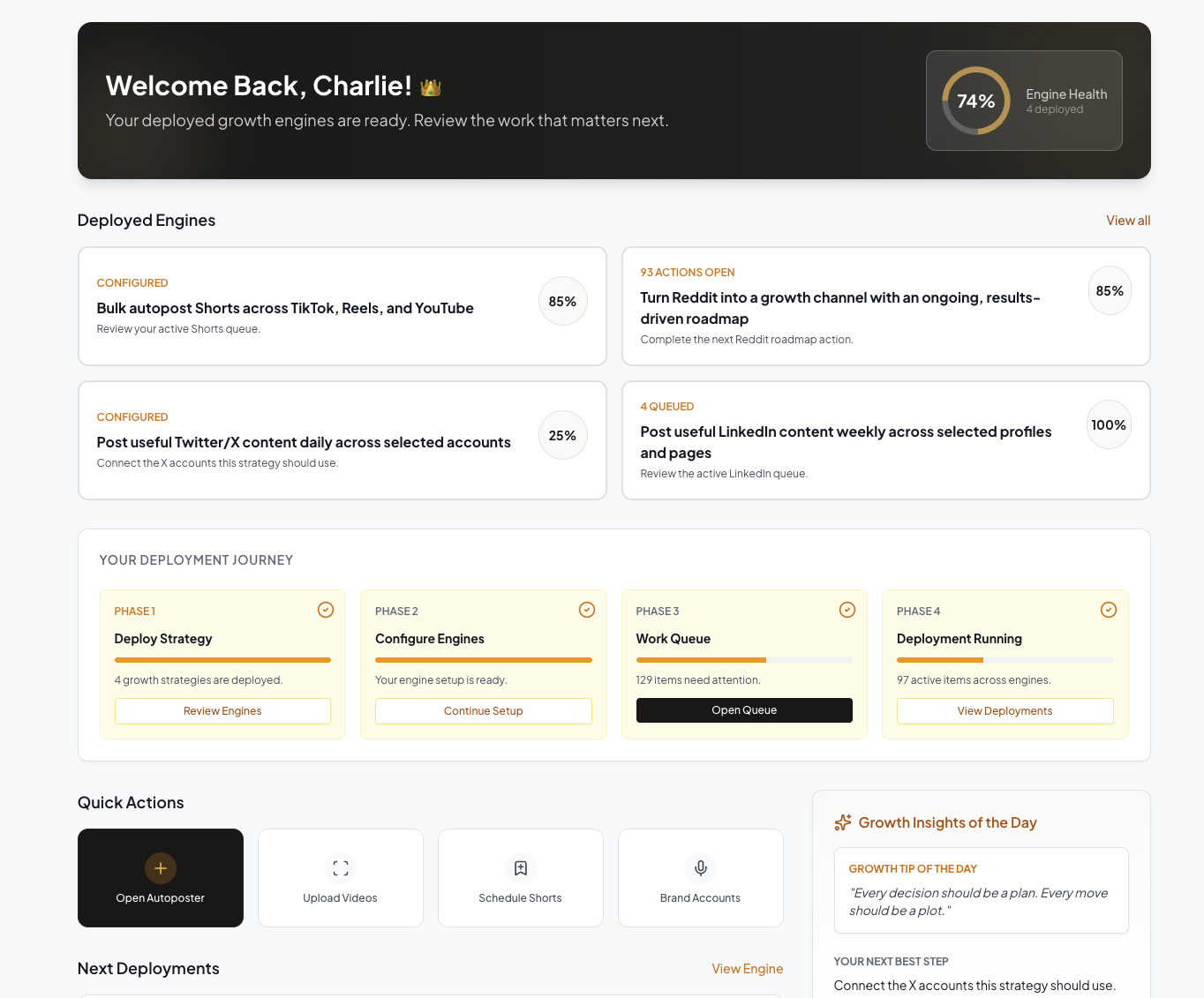 DeployPanther dashboard showing deployed growth engines, campaign health, and the deployment workflow